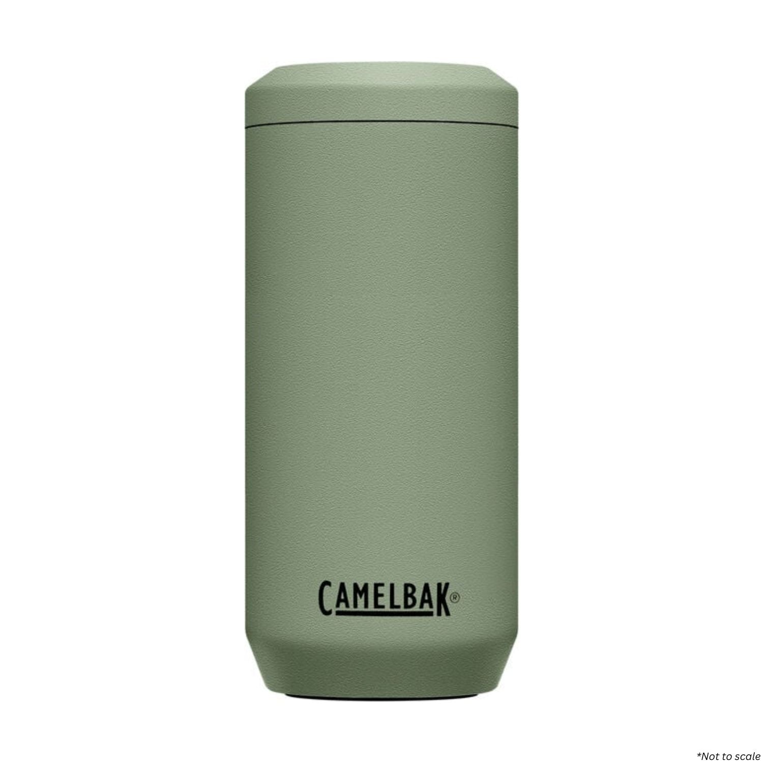 CamelBak Horizon Slim Can Cooler in green, 12oz, featuring scratch-resistant coating and vacuum-insulated stainless steel.